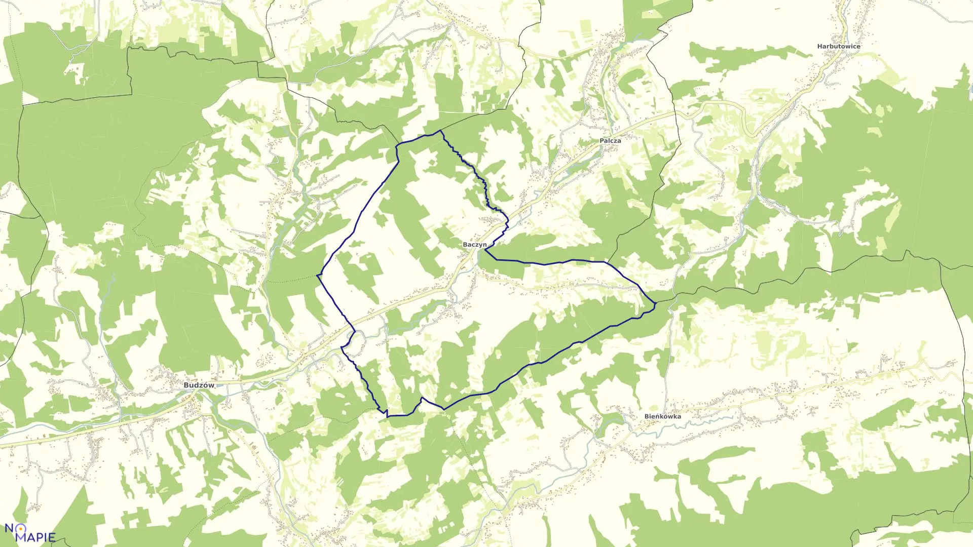 Mapa obrębu Baczyn w gminie Budzów