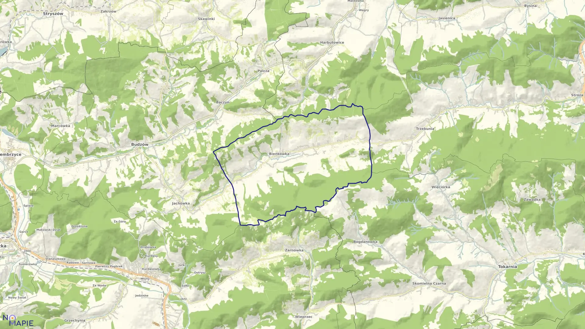 Mapa obrębu Bieńkówka w gminie Budzów