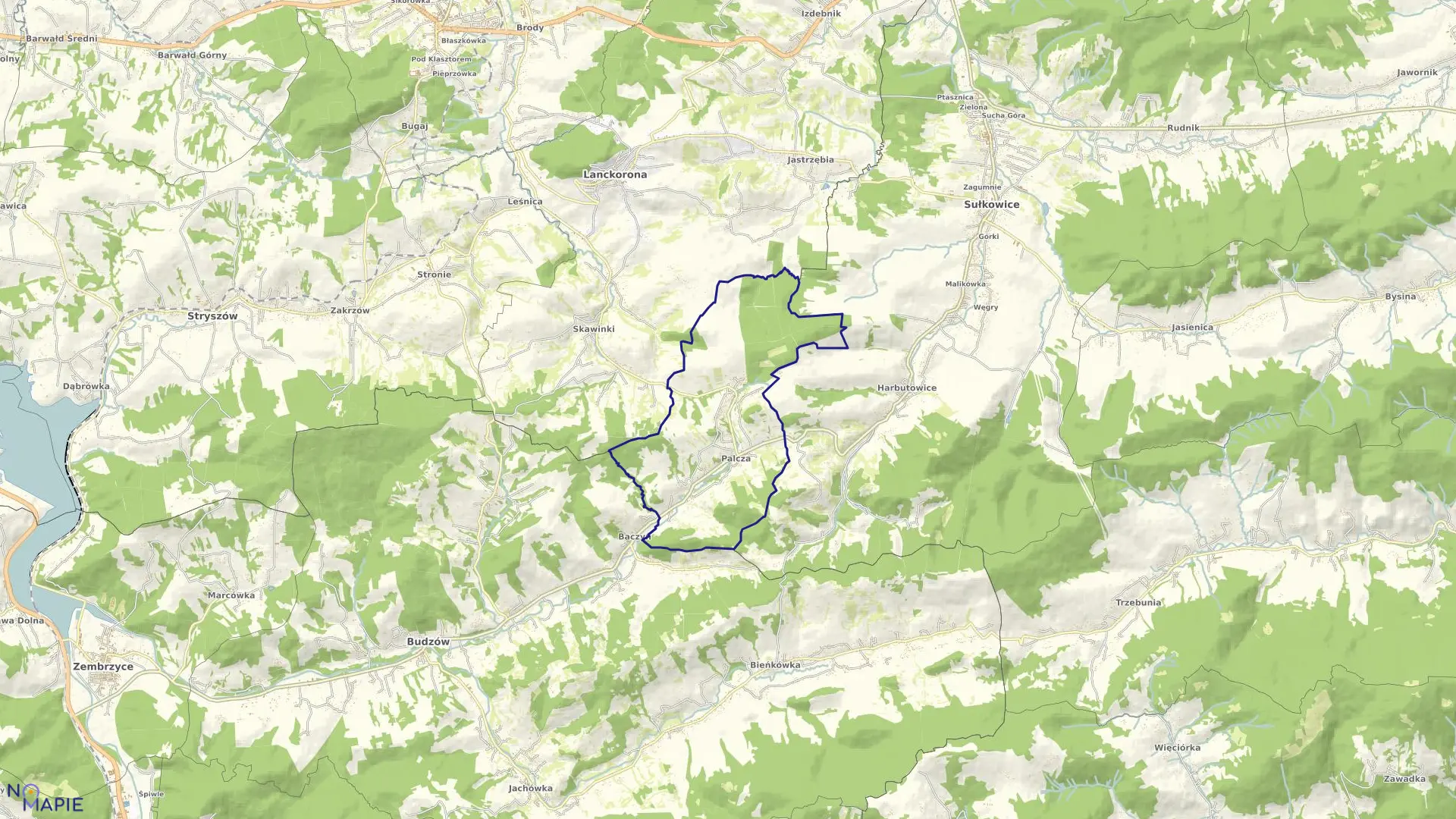 Mapa obrębu Palcza w gminie Budzów