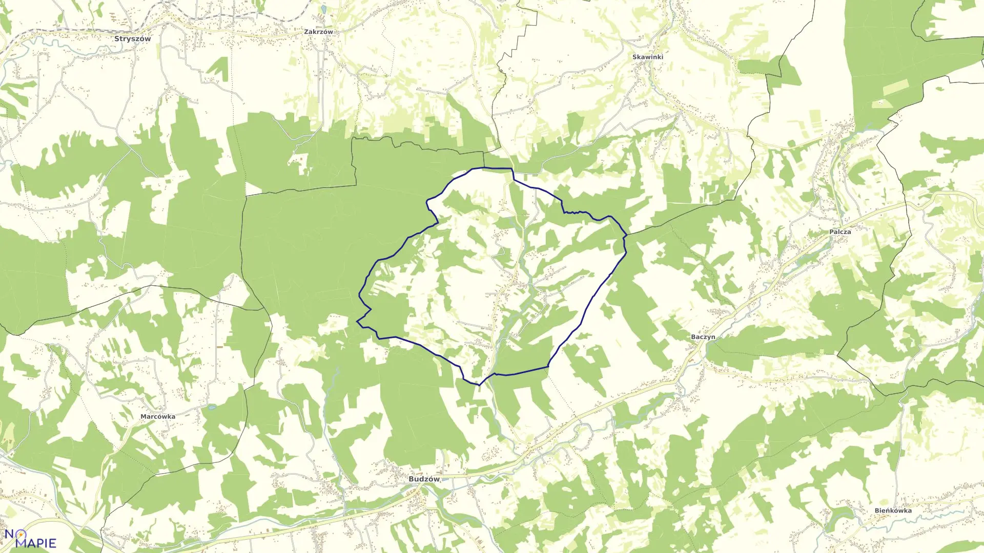 Mapa obrębu Zachełmna w gminie Budzów